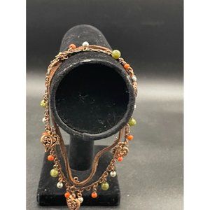 Coppertone Heart Green Orange Silver Beaded Leather Ankle Bracelet Circ 11.50"
